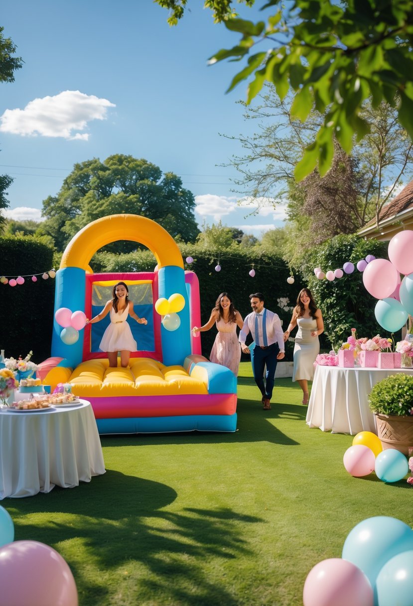 Couple and guests enjoying a wedding shower outdoors with a colorful bounce house and festive decorations on a sunny day.