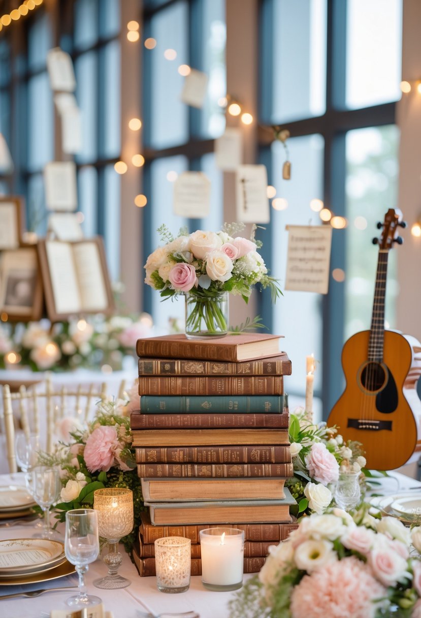 A decorated table with books, musical instruments, flowers, and candles set up for a wedding shower celebration.