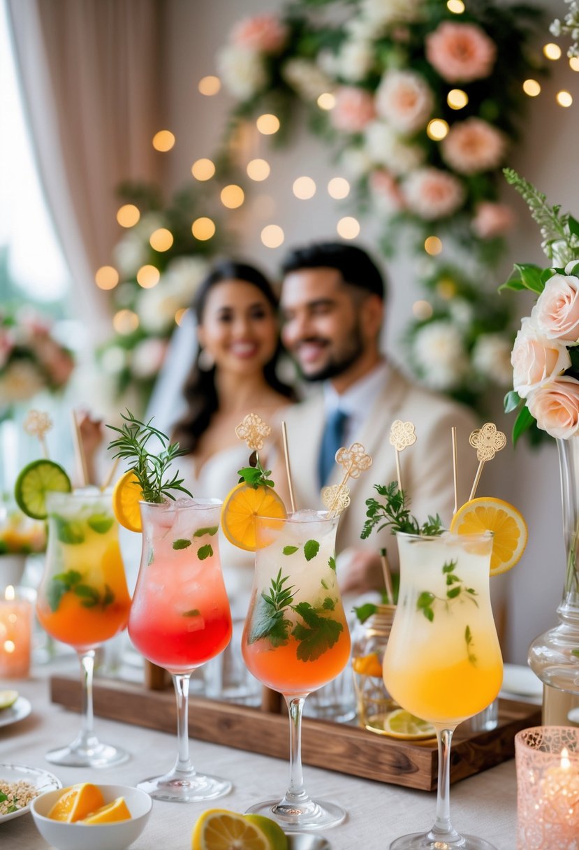 A wedding shower scene with a stylish cocktail bar featuring colorful drinks and floral decorations, with a couple enjoying the celebration in the background.