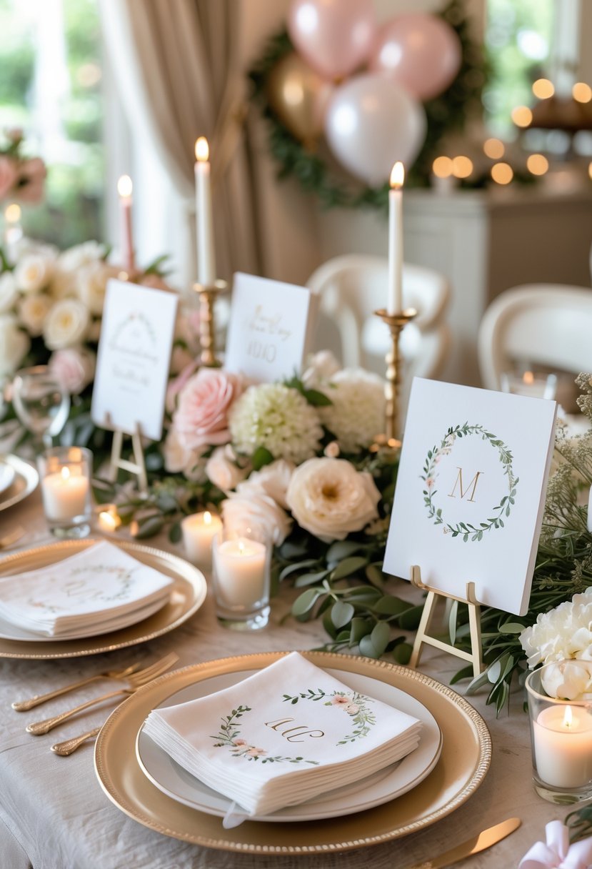A decorated table with personalized napkins, elegant signage, flowers, candles, and wedding shower decorations.