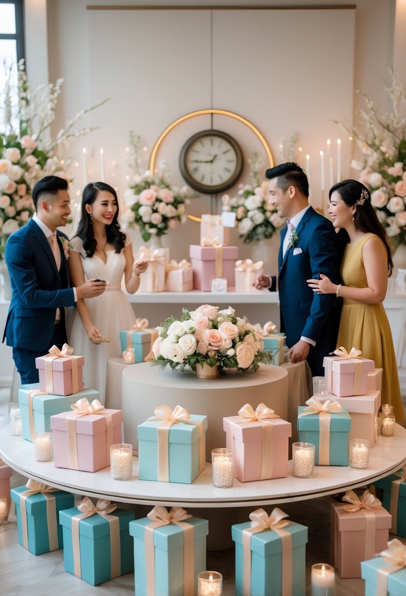 Couples gathered around a circular table filled with wrapped gifts and floral decorations at a wedding shower.