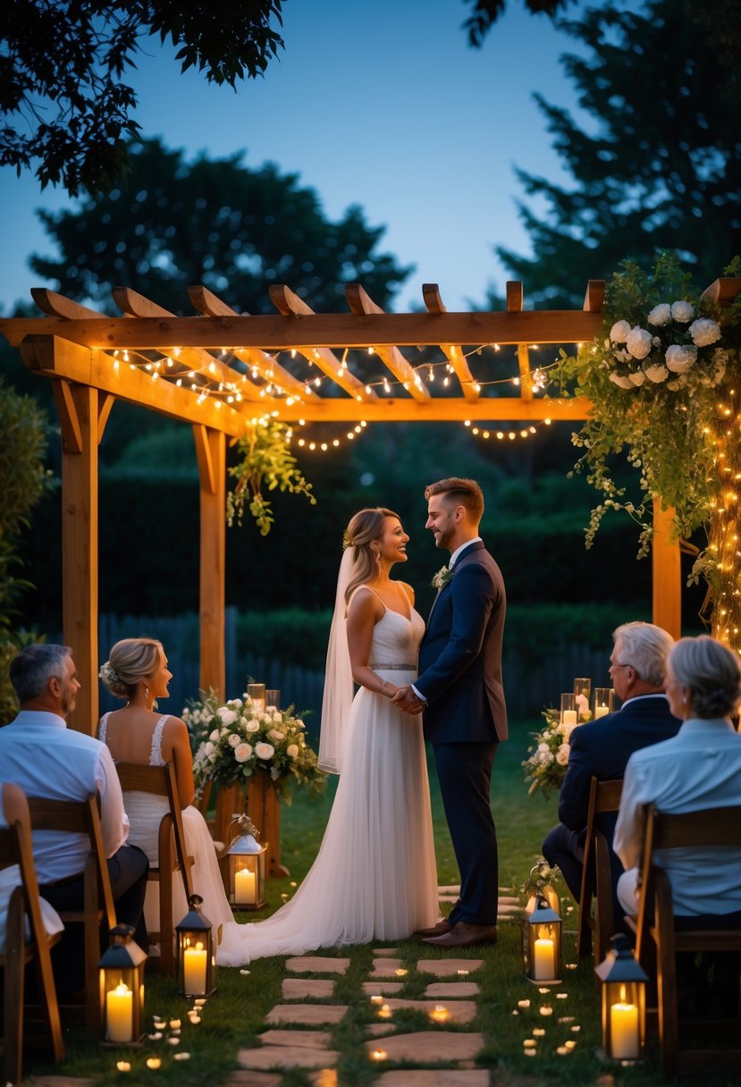 A couple renewing their wedding vows in a small backyard decorated with fairy lights, surrounded by a few seated guests in a garden setting.