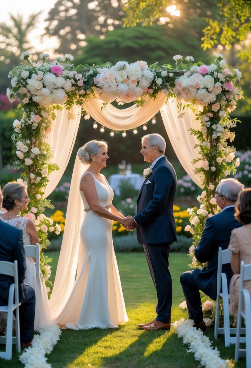 A mature couple holding hands under a floral arch during a vow renewal ceremony outdoors with guests watching.