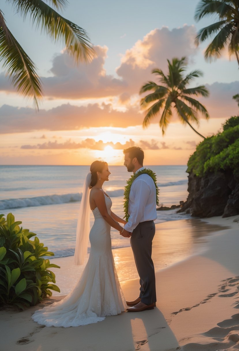 A couple renewing their wedding vows on a Maui beach at sunset with the ocean and palm trees in the background.