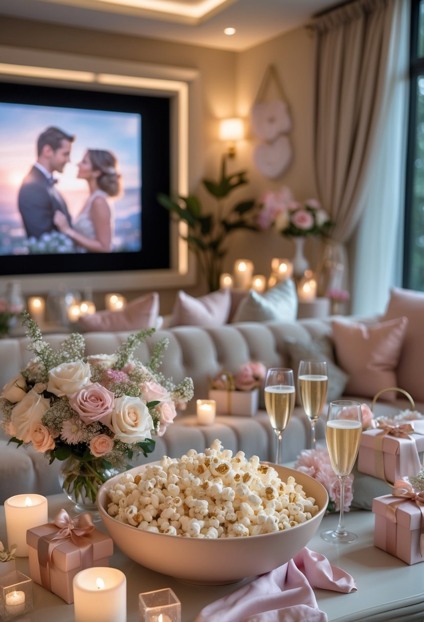 A cozy indoor lounge with a sofa, bowl of popcorn, floral decorations, candles, and a screen showing a romantic movie, set up for a wedding shower celebration.