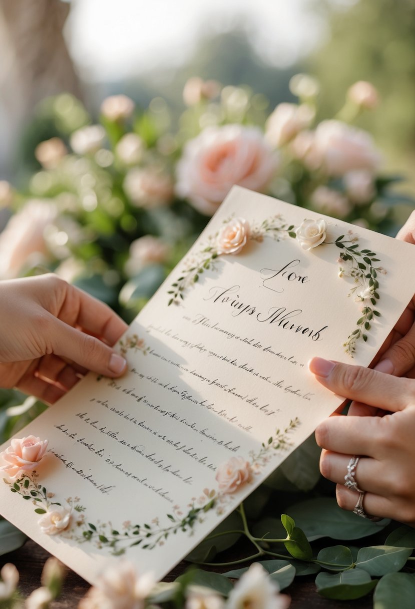 Close-up of a couple holding a handwritten wedding vow letter surrounded by flowers in an outdoor setting.