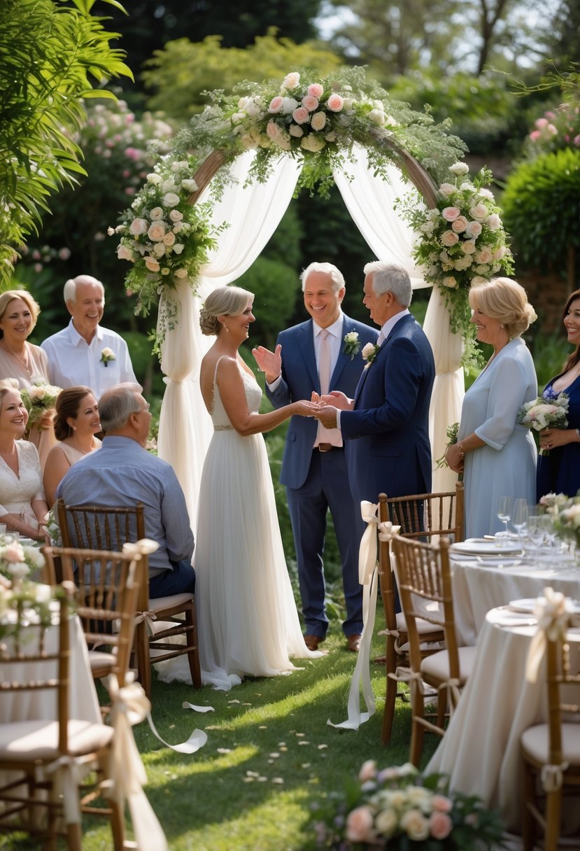 A mature couple exchanging vows outdoors surrounded by close family and friends in a garden setting.