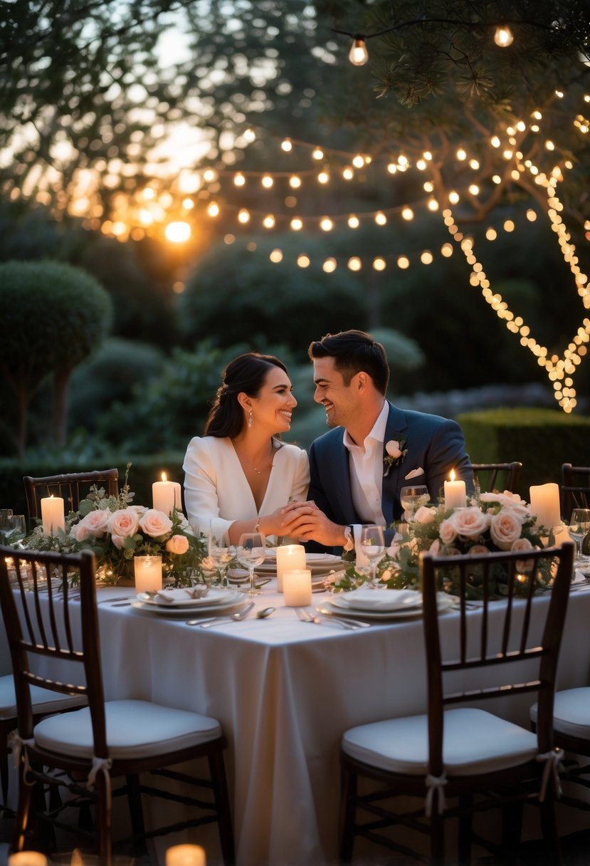 A couple sharing a joyful moment at a candlelit outdoor dinner table decorated with flowers and lights during a vow renewal celebration.
