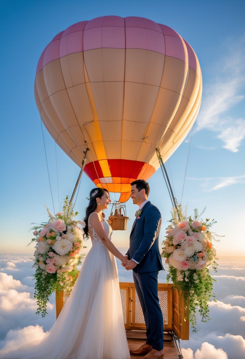 A couple renewing their wedding vows in a decorated hot air balloon basket floating in the sky.
