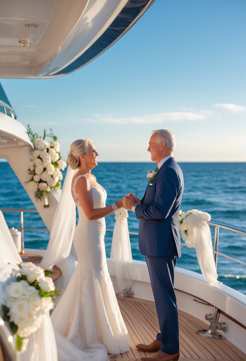 A couple renewing their wedding vows on the deck of a yacht surrounded by calm blue water.