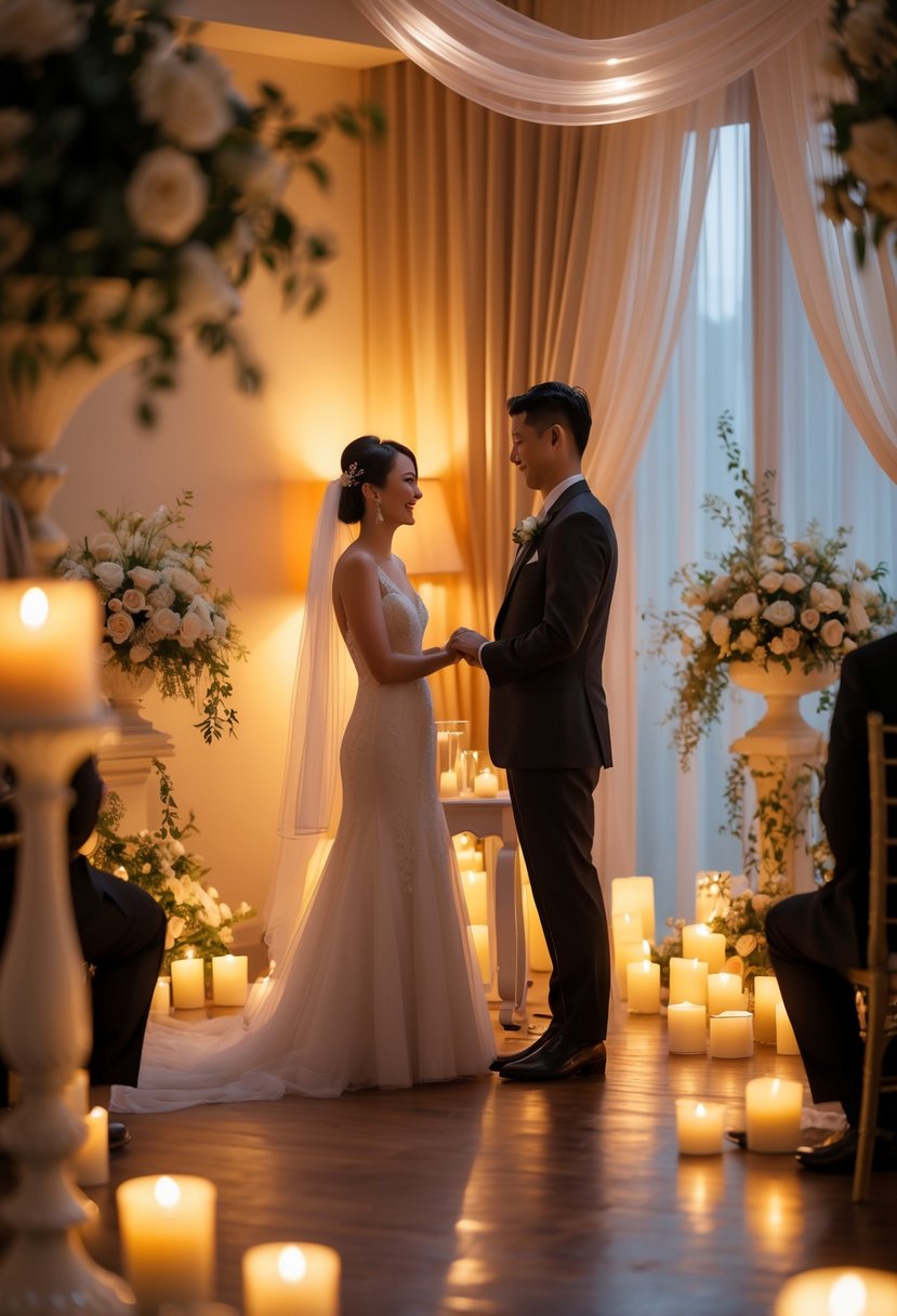 A couple exchanging wedding vows indoors surrounded by candlelight in a cozy, decorated room.