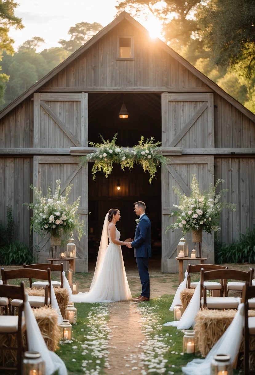 A couple exchanging wedding vows in front of a rustic wooden barn surrounded by greenery and floral decorations.