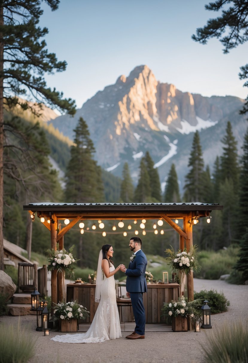 A couple exchanging vows outdoors near a cozy mountain cabin surrounded by trees and mountains.
