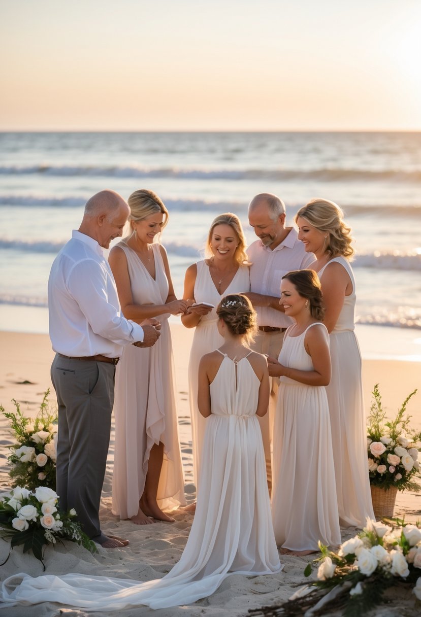 A small family gathered on a beach at sunset for an intimate wedding vow renewal ceremony.