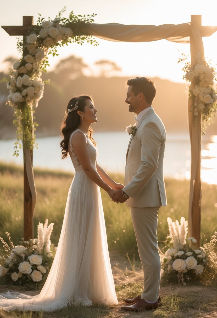 A couple renewing their wedding vows at sunrise, standing outdoors surrounded by natural scenery and warm sunlight.