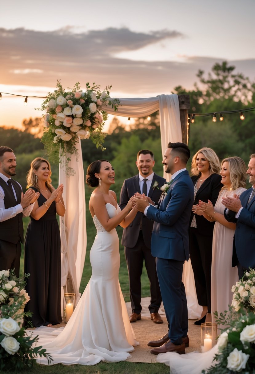 A couple renewing their wedding vows outdoors surrounded by close friends celebrating the moment.