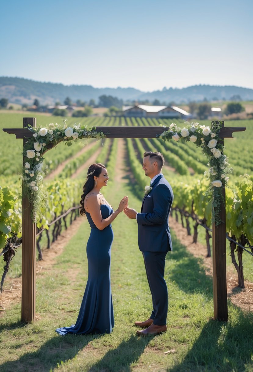 A couple exchanging wedding vows in a vineyard with grapevines and rolling hills in the background.