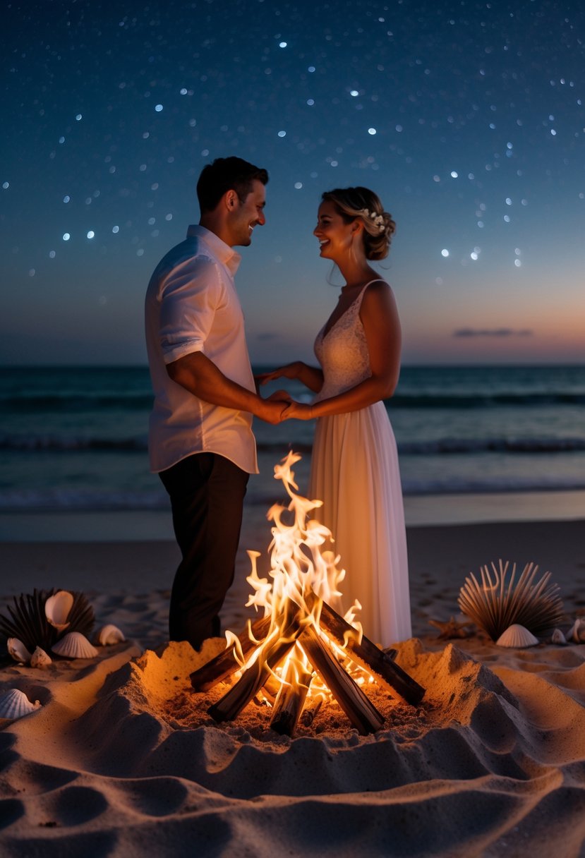 A couple standing by a bonfire on a beach at night, exchanging vows under a starry sky.