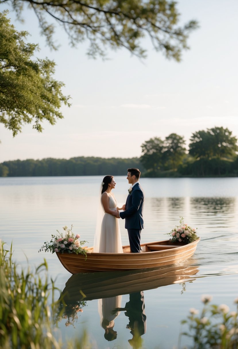 A couple exchanging vows on a small boat on a calm lake surrounded by trees.