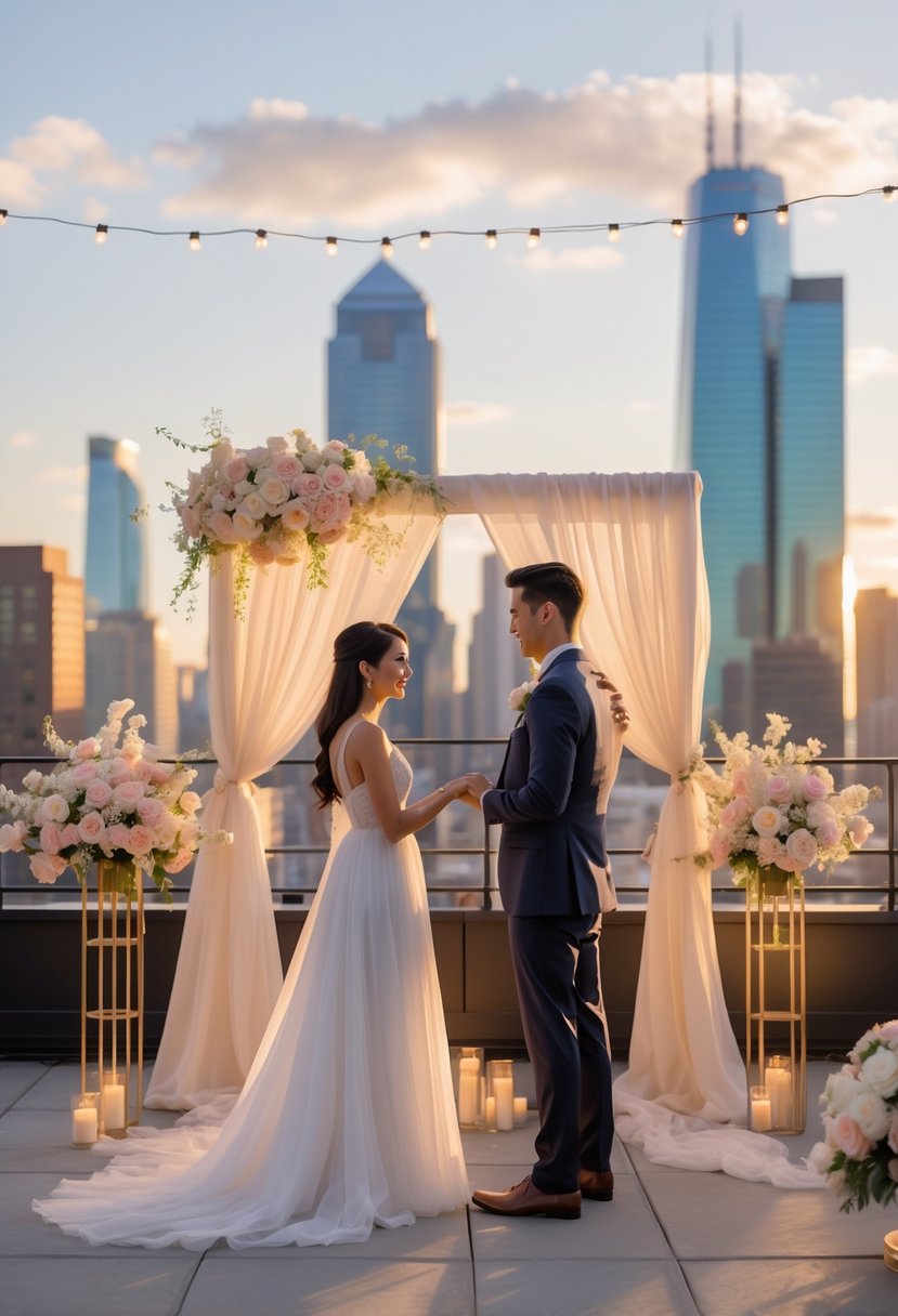 A couple exchanging wedding vows on a city rooftop with a skyline view at sunset.