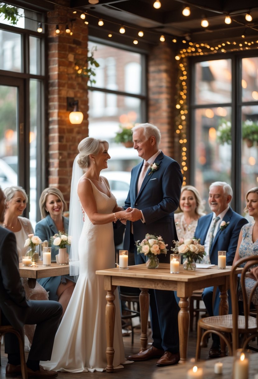 A couple renewing their vows at a small table inside a cozy local café, surrounded by close friends and family.