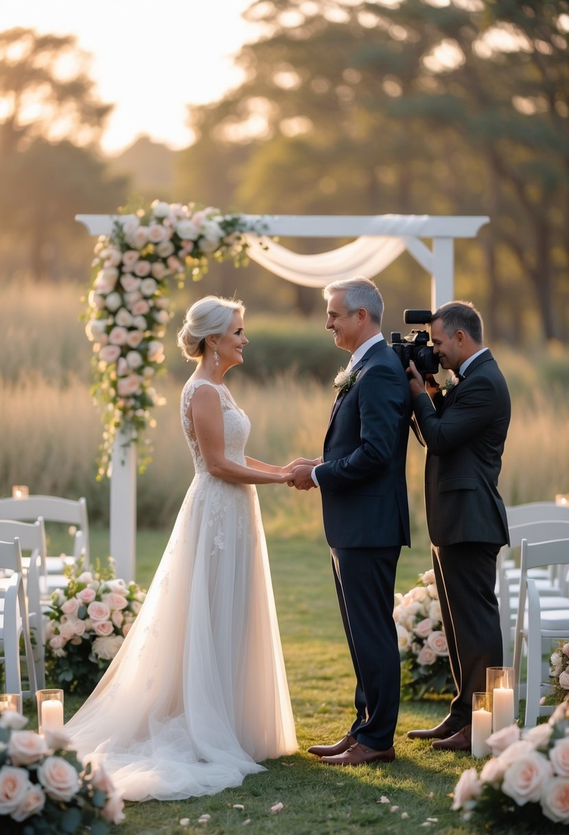 A mature couple exchanging wedding vows outdoors with a photographer nearby capturing the moment.