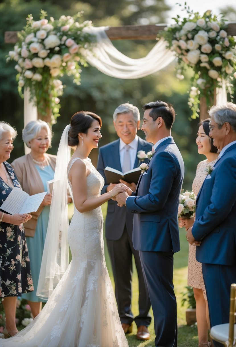 A couple renewing their wedding vows outdoors surrounded by family members who are watching and holding readings.