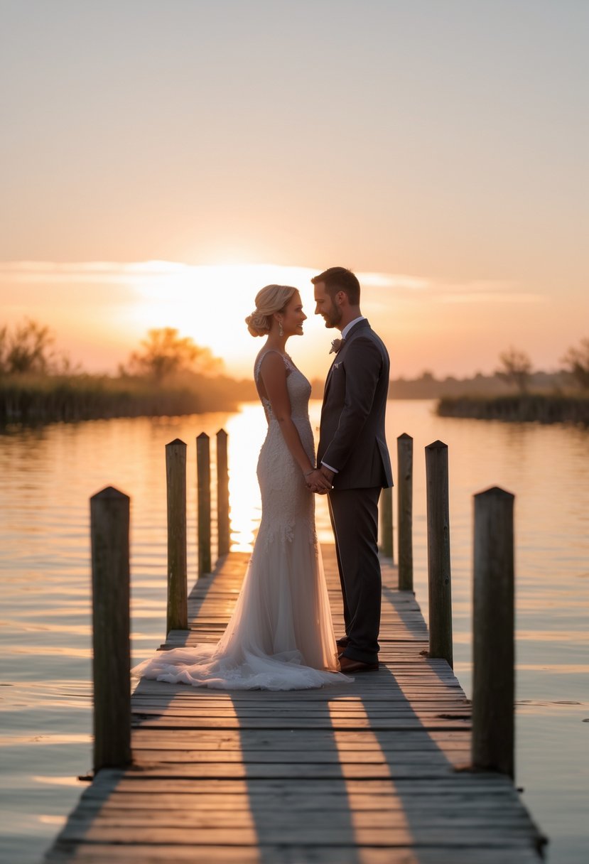 A couple standing on a wooden pier at sunset, holding hands during a vow renewal ceremony over calm water.