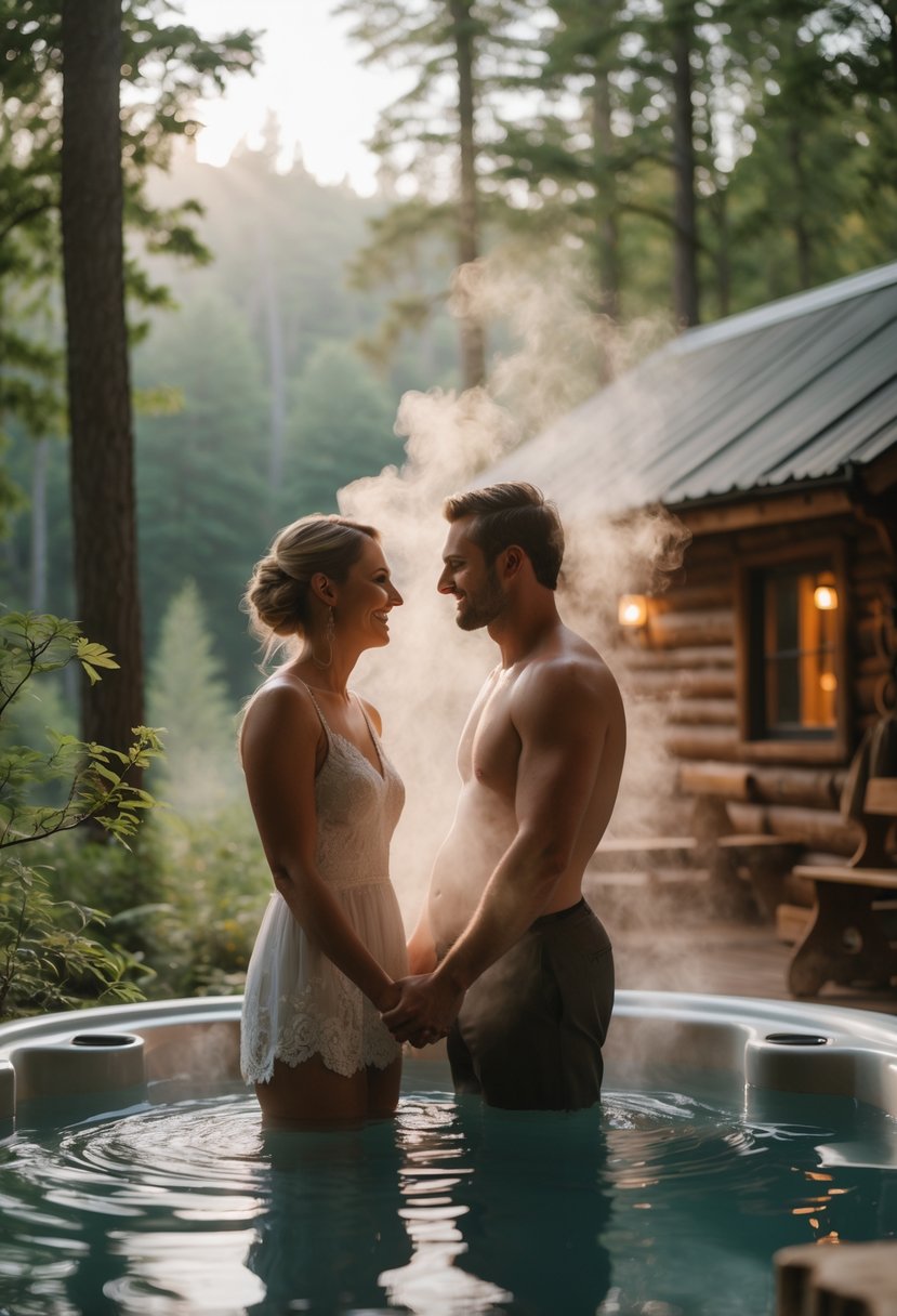 A couple standing together in a hot tub outdoors at a cabin, holding hands and looking at each other surrounded by trees.