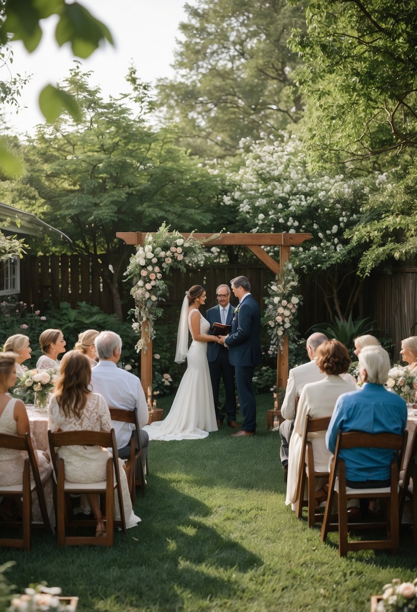 A small backyard wedding vow renewal with family and friends, featuring vintage heirloom decorations and a couple exchanging vows under a floral arch.