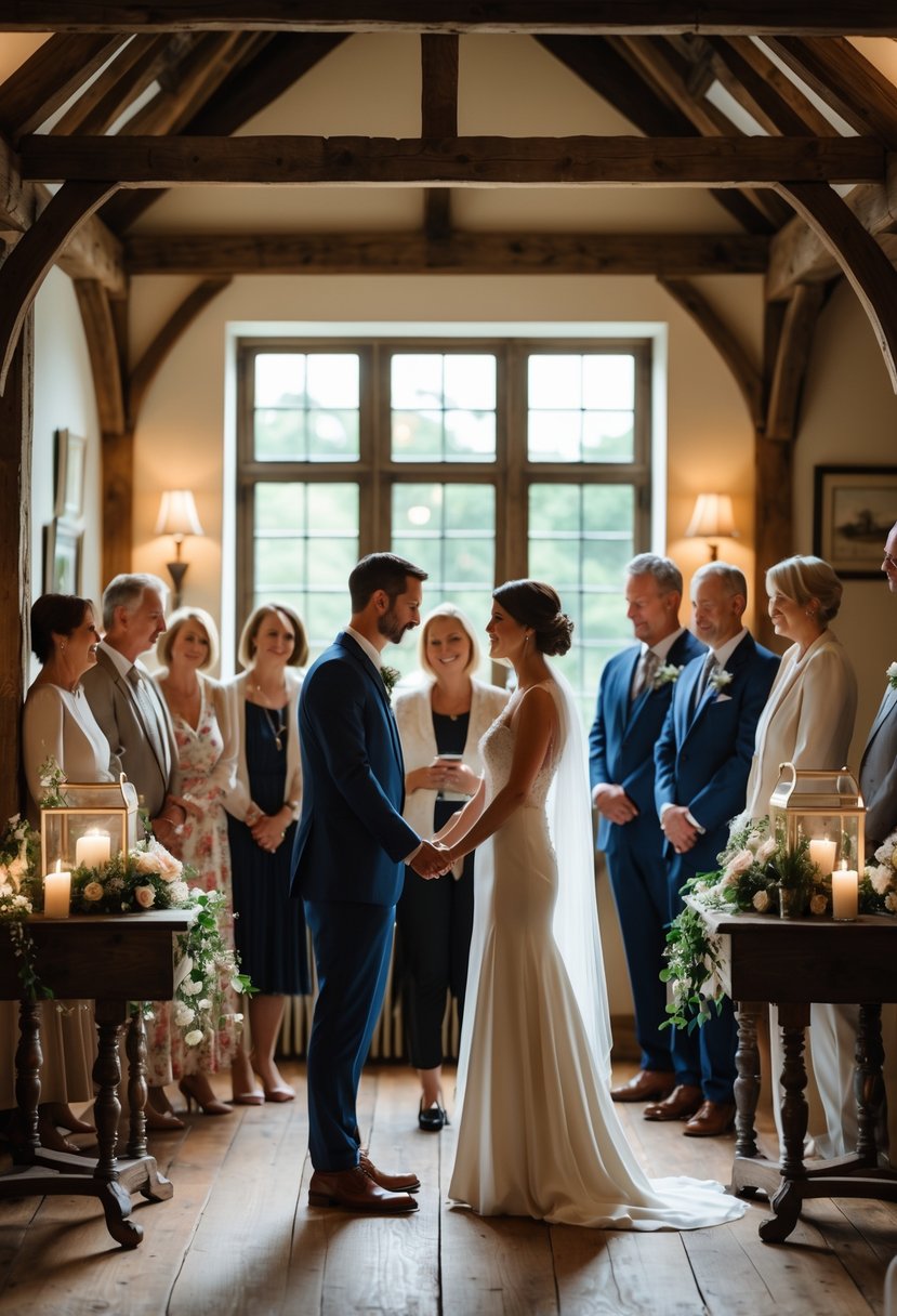 A couple renews their wedding vows in a small, cozy room at a historic inn, surrounded by close family and friends.