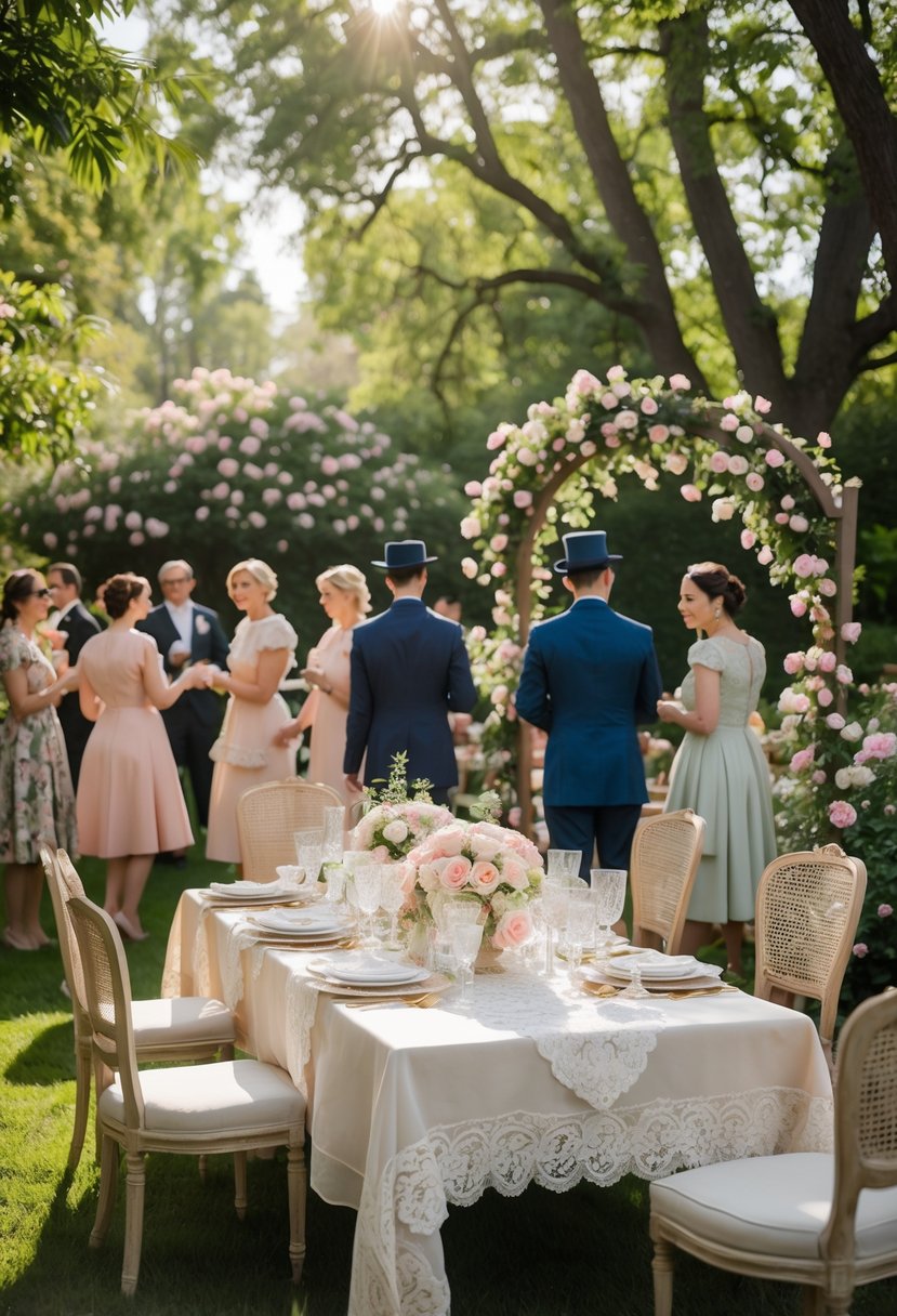 An outdoor garden party with guests dressed in vintage clothing gathered around a decorated table with flowers and an arch for a wedding vow renewal.
