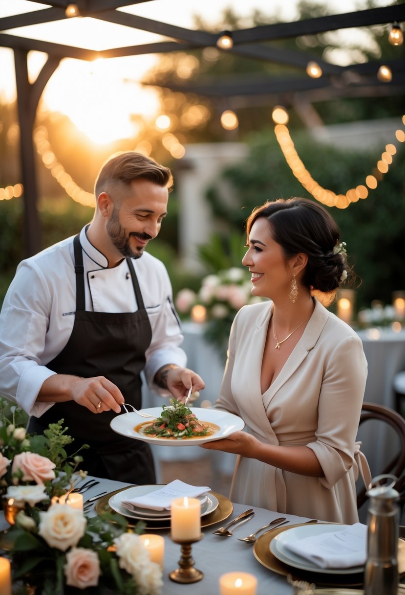 A couple enjoying a private chef-cooked meal at a beautifully set outdoor table during their wedding vow renewal.