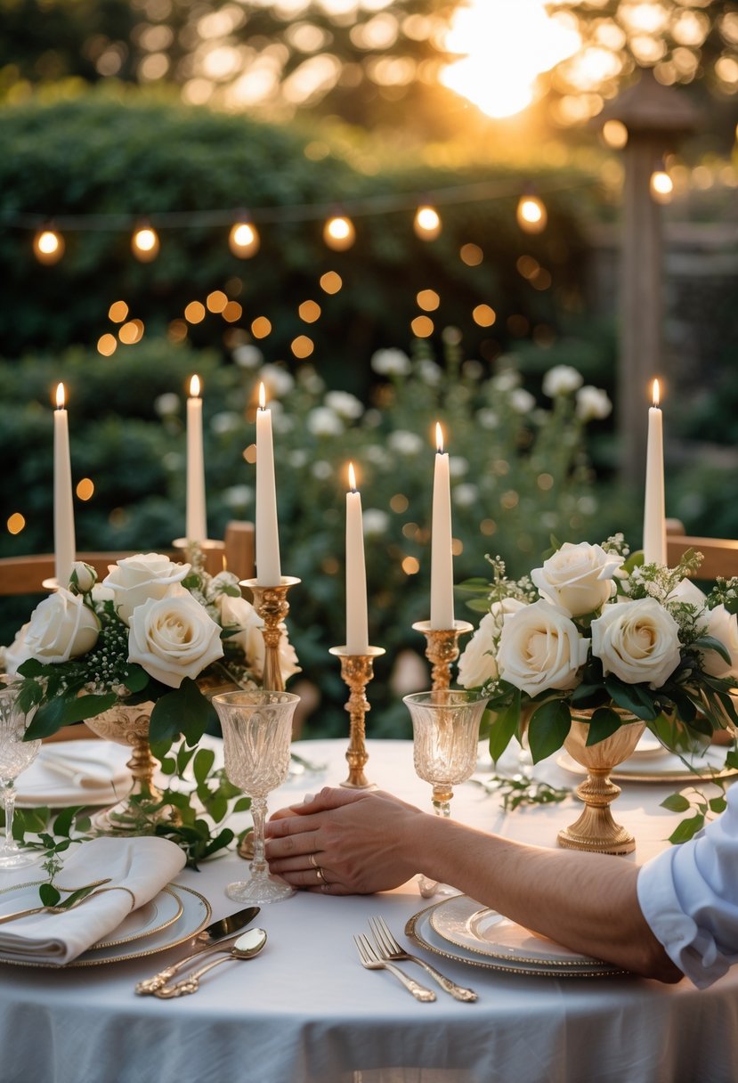 A romantic outdoor wedding vow renewal table with floral centerpieces, candles, and a couple holding hands across the table.