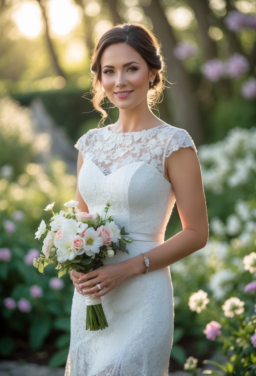 A woman in a white lace dress holding a bouquet in a garden with greenery and flowers.