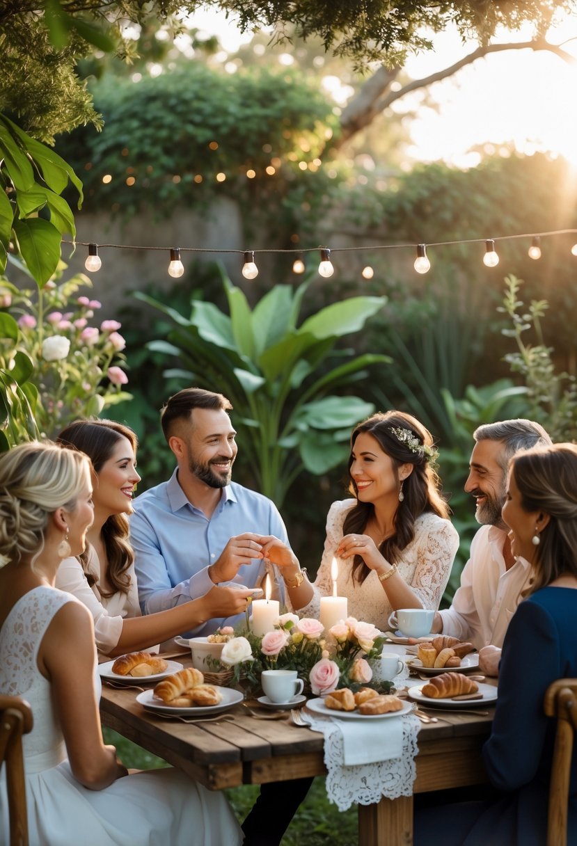A small group of close friends gathered around a breakfast table outdoors as a couple renews their wedding vows.