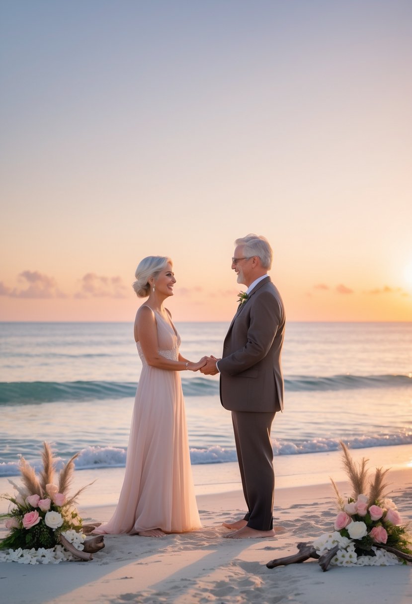 A couple renewing their wedding vows on a sandy beach at sunset, holding hands near the ocean.