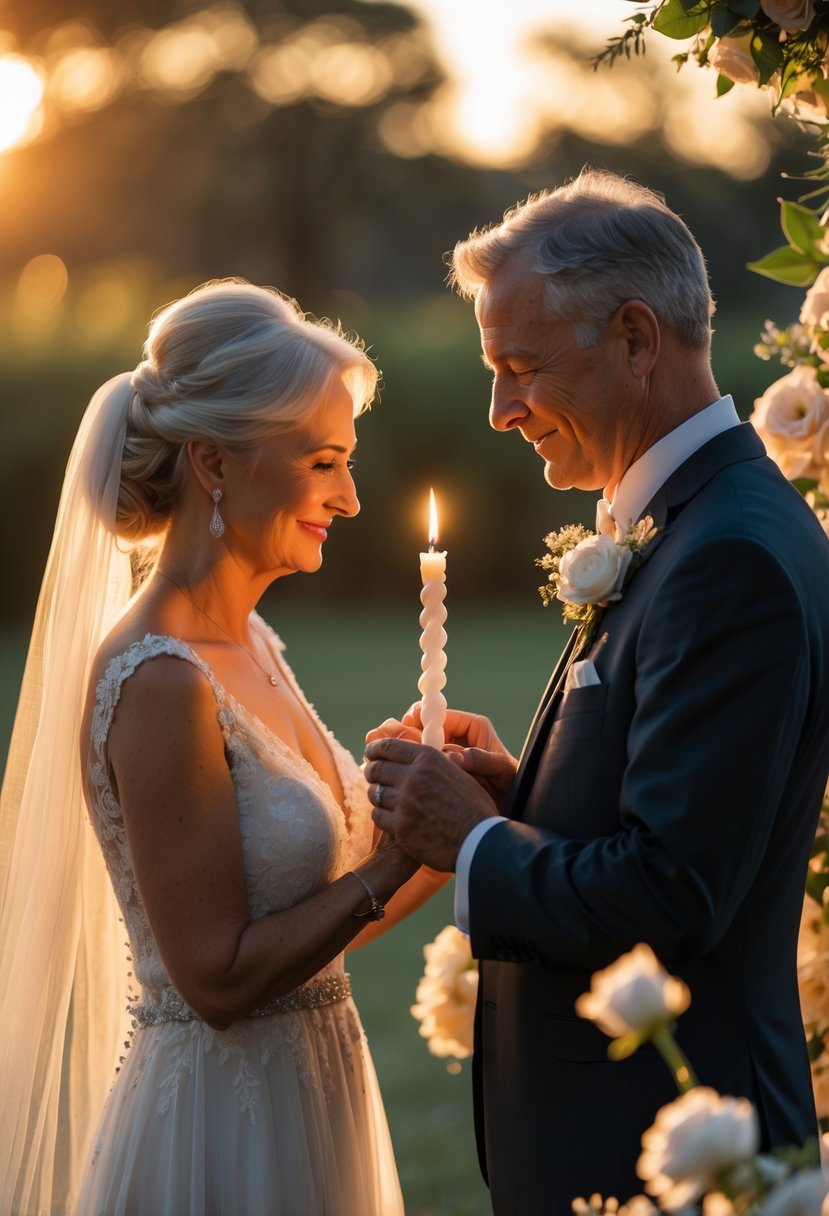 A mature couple in wedding attire holding a lit candle together during a vow renewal ceremony outdoors.