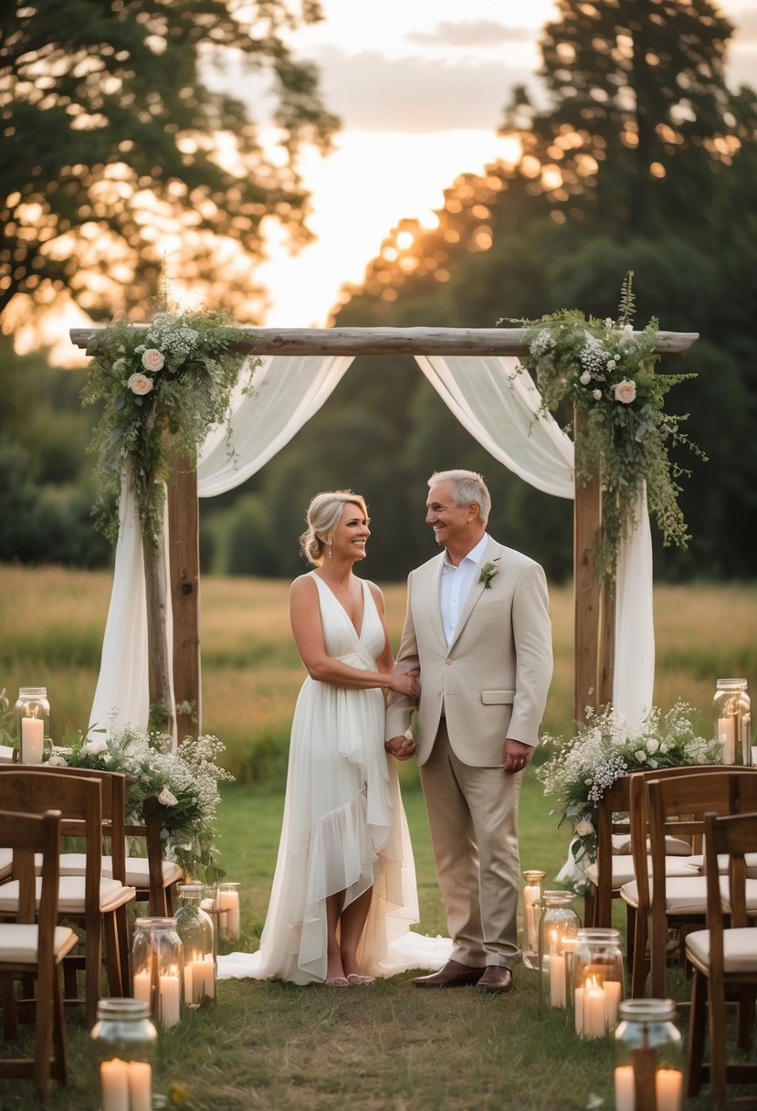A mature couple holding hands in front of a wooden arch decorated with flowers and drapes during an outdoor vow renewal ceremony.