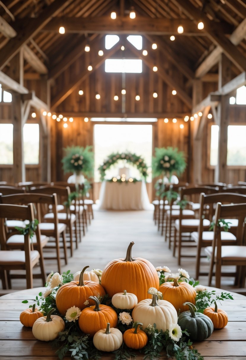 A country barn set up for a wedding vow renewal with pumpkins and gourds as centerpieces on wooden tables and rows of chairs facing an altar.