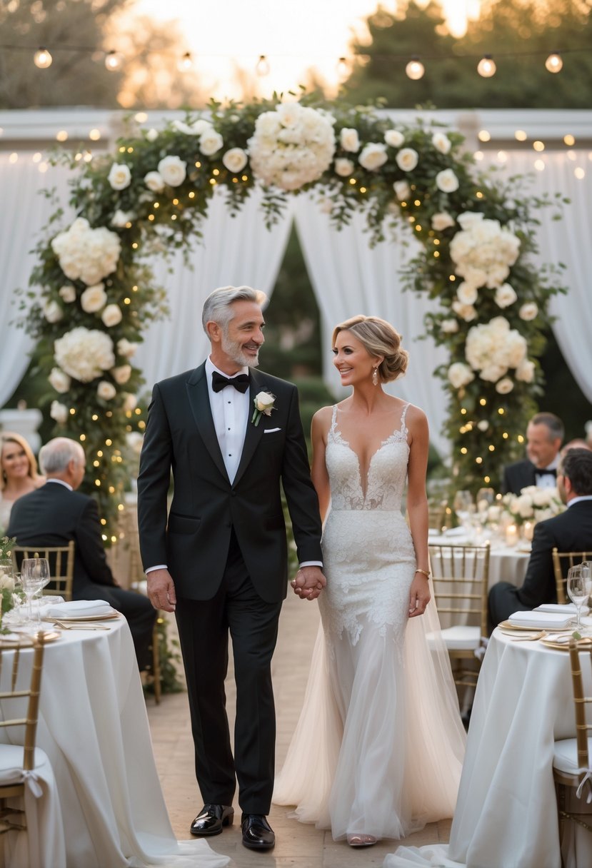 A mature couple holding hands under a floral arch during a vow renewal ceremony, surrounded by seated guests at an outdoor garden celebration.