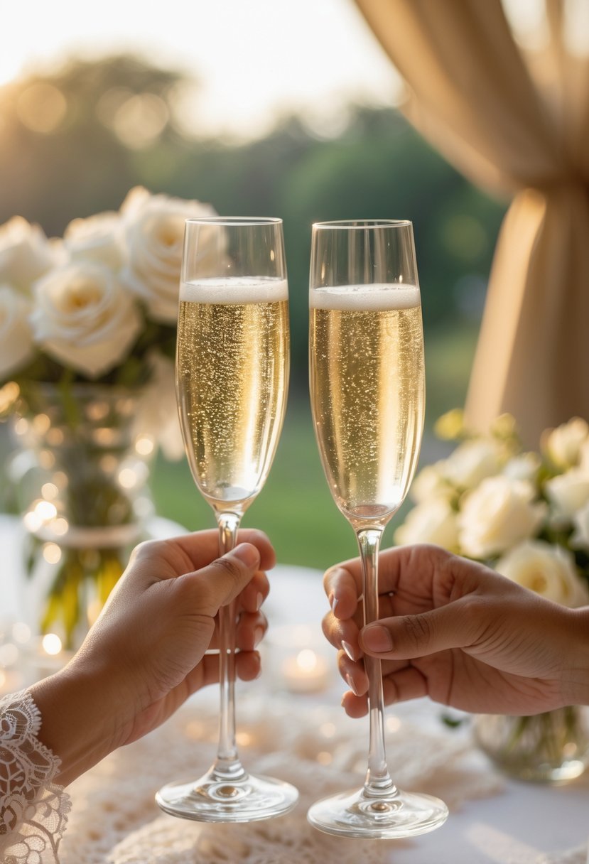 Two hands clinking champagne glasses in a romantic wedding vow renewal setting with flowers and soft natural light.