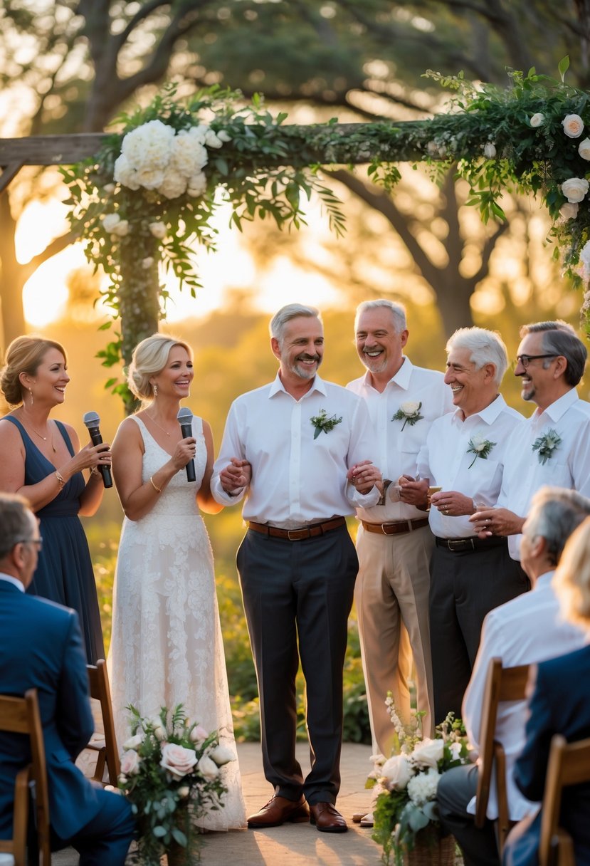 A mature couple renewing their wedding vows outdoors, surrounded by friends speaking and guests watching.