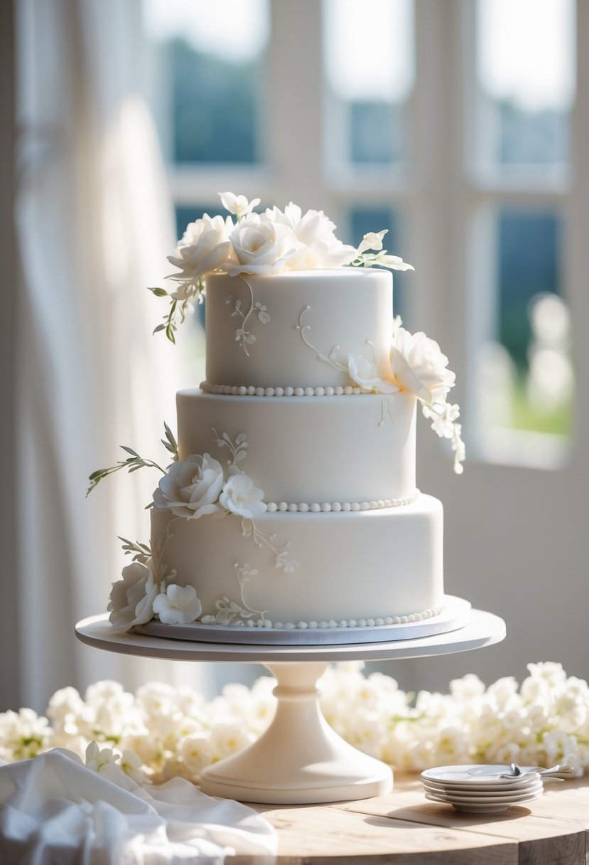 A classic white fondant wedding vow renewal cake on a wooden table with soft natural light in the background.