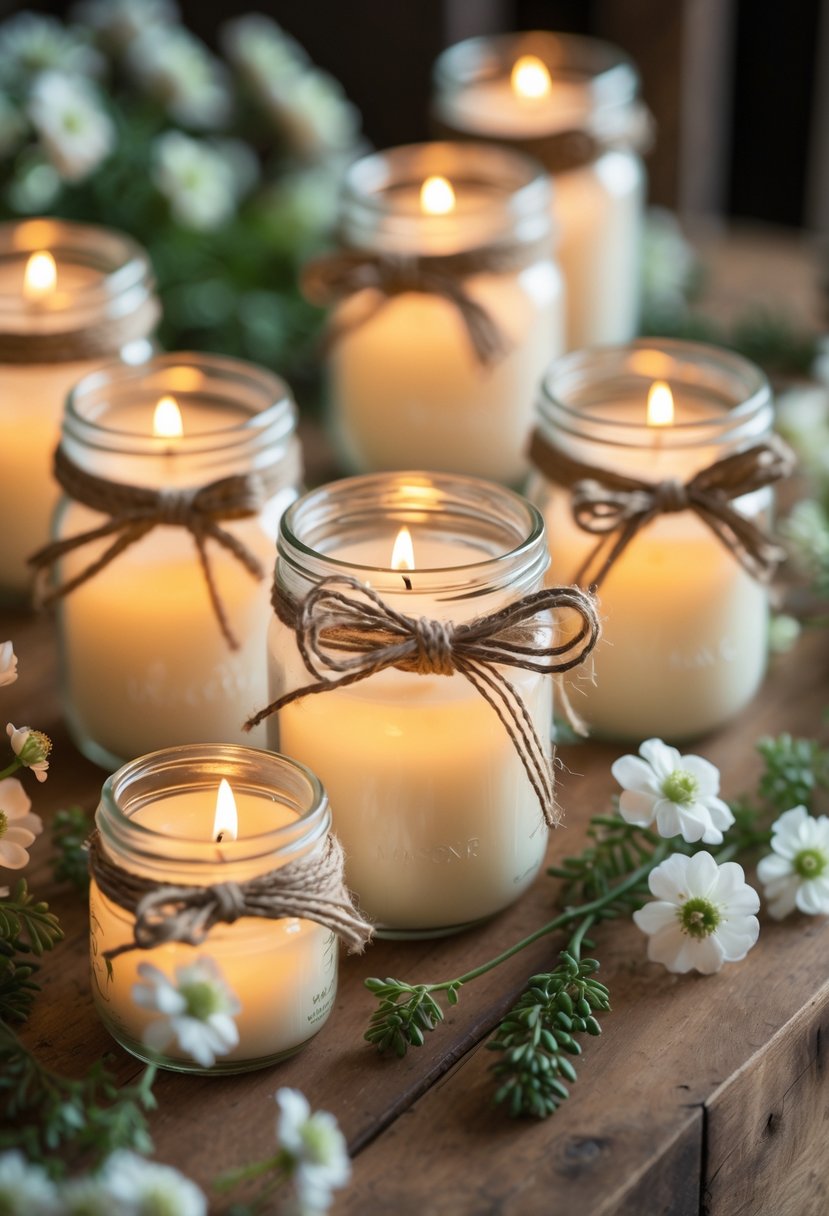 Mason jar candles wrapped with twine sitting on a wooden table with flowers and greenery around them.