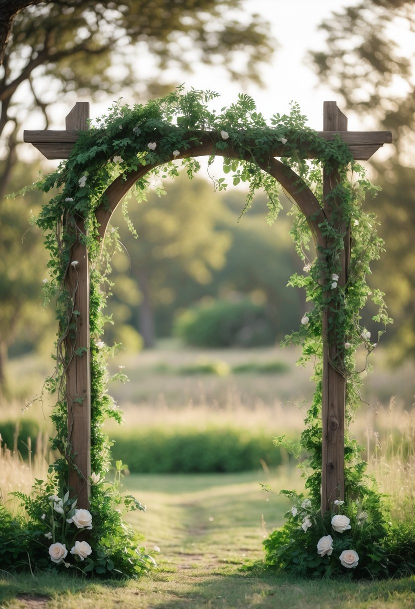 A rustic wooden arch decorated with green leaves and vines in an outdoor setting.