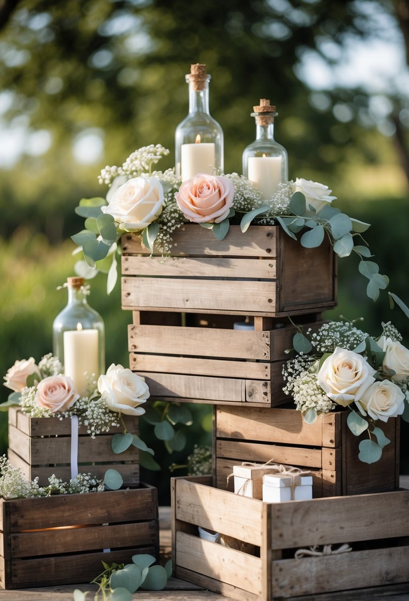 Antique wooden crates arranged with flowers and small gifts on a table outdoors in a garden setting.