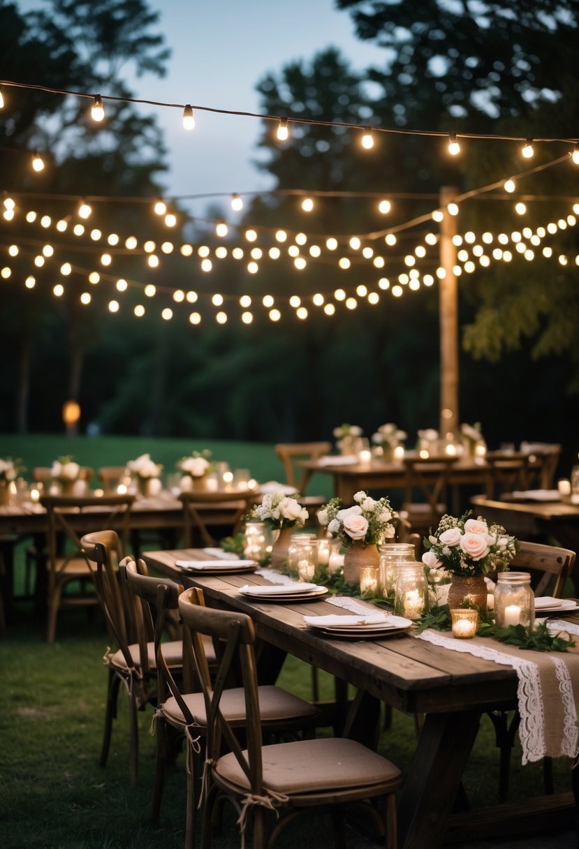 An outdoor wedding vow renewal setup with wooden tables and chairs under twinkle lights at dusk.