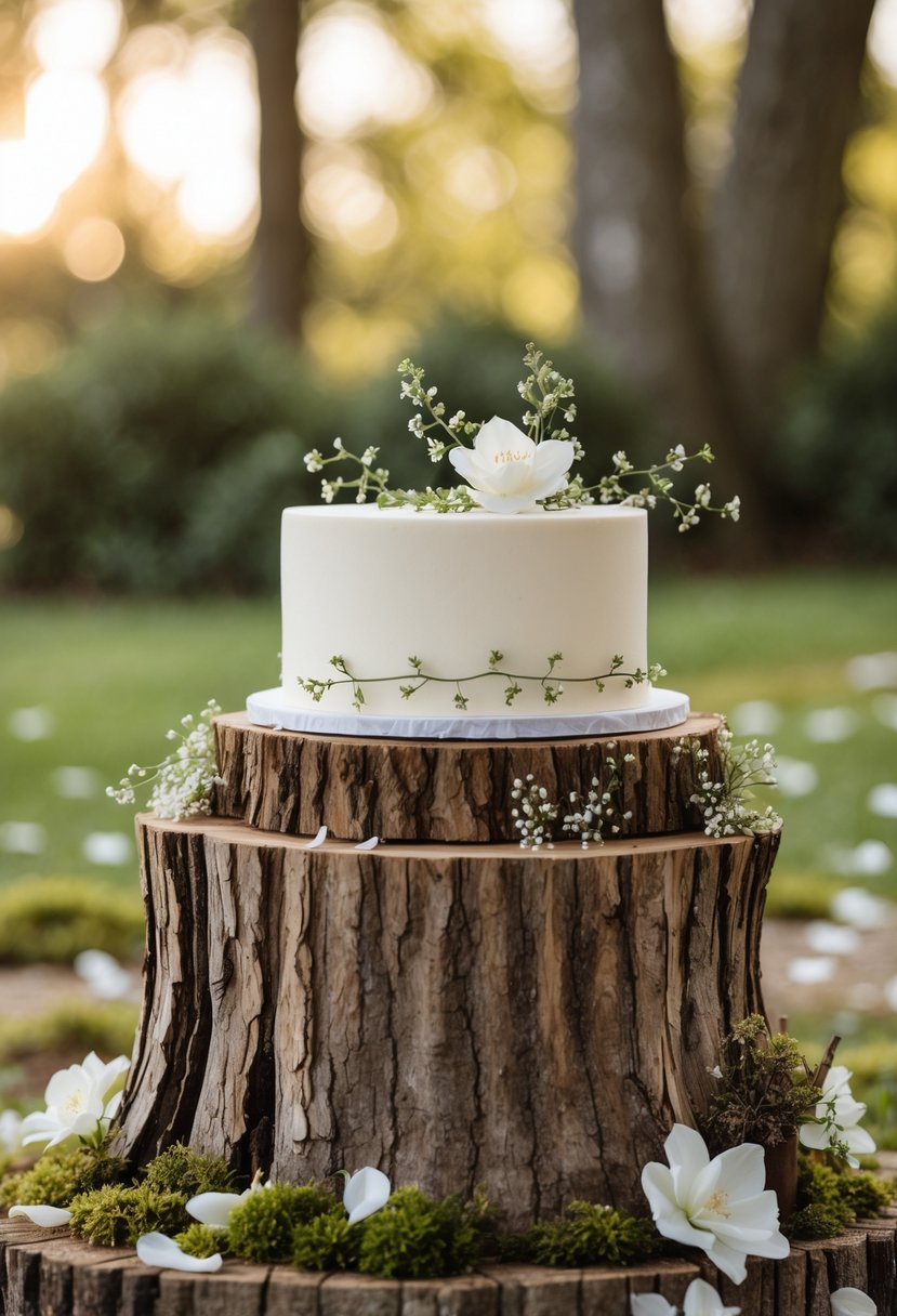 A white cake decorated with greenery and flowers on a tree stump cake stand surrounded by natural elements in an outdoor garden setting.