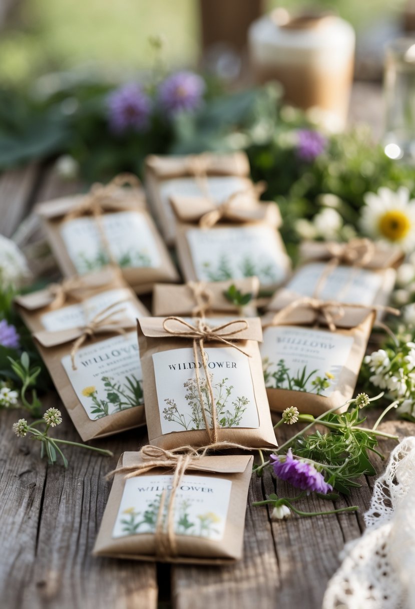 Wildflower seed packets tied with twine arranged on a wooden table surrounded by small wildflowers and greenery.